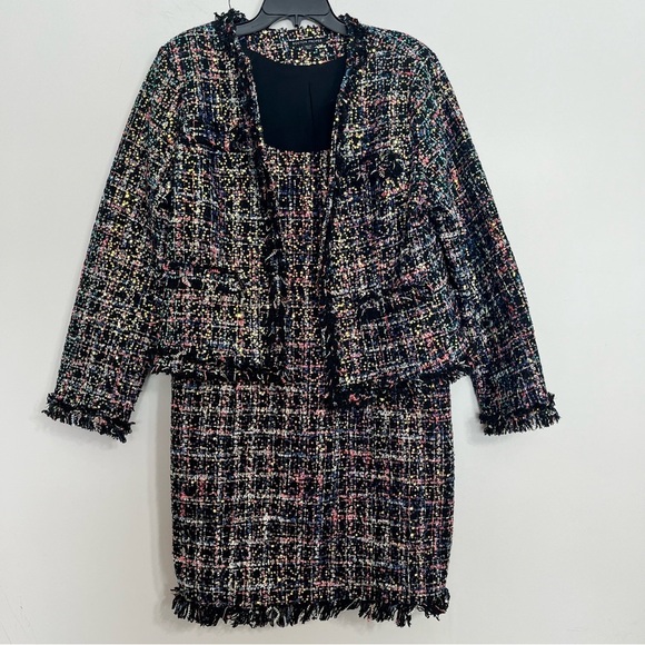 Women’s Boston Proper Tweed Sequens Dress Size 16 & Jacket Set Size 18 Fringe - Picture 1 of 13
